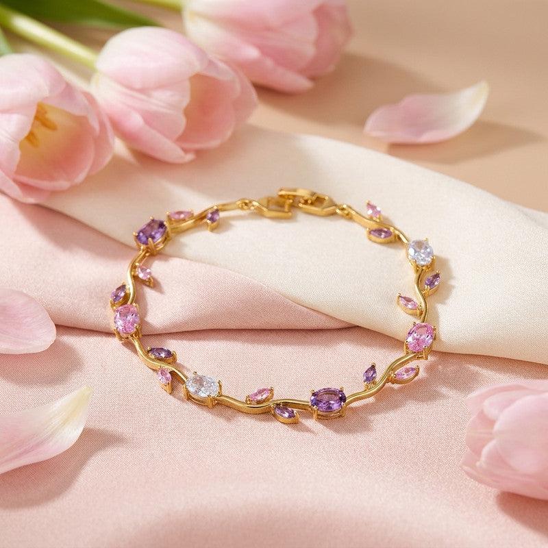 Gold Plated Multicolor Stones Studded Anti Tarnish Tulip Bracelet