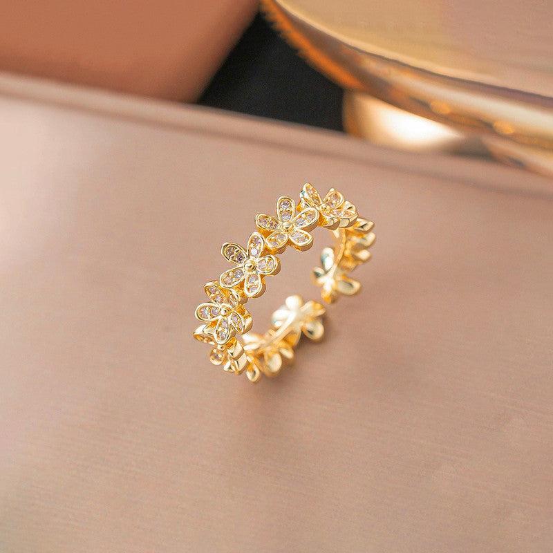 Gold Plated Anti Tarnish Stainless Steel Floral Themed Adjustable Finger Ring