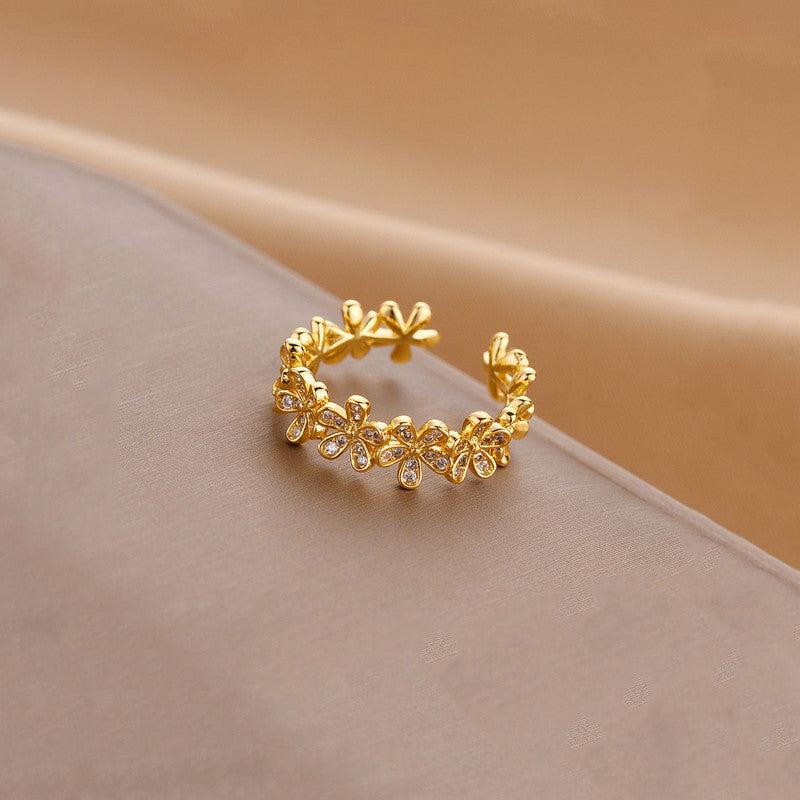 Gold Plated Anti Tarnish Stainless Steel Floral Themed Adjustable Finger Ring