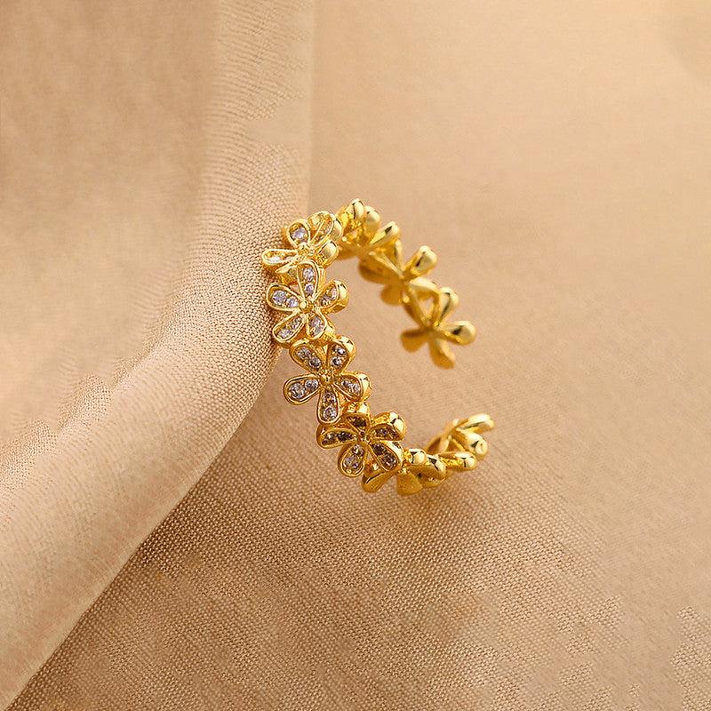 Gold Plated Anti Tarnish Stainless Steel Floral Themed Adjustable Finger Ring