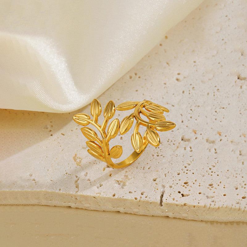Gold Plated Anti Tarnish Stainless Steel Leaf Themed Adjustable Finger Ring