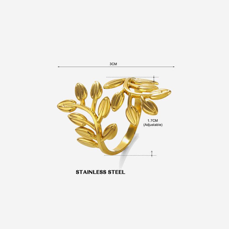 Gold Plated Anti Tarnish Stainless Steel Leaf Themed Adjustable Finger Ring