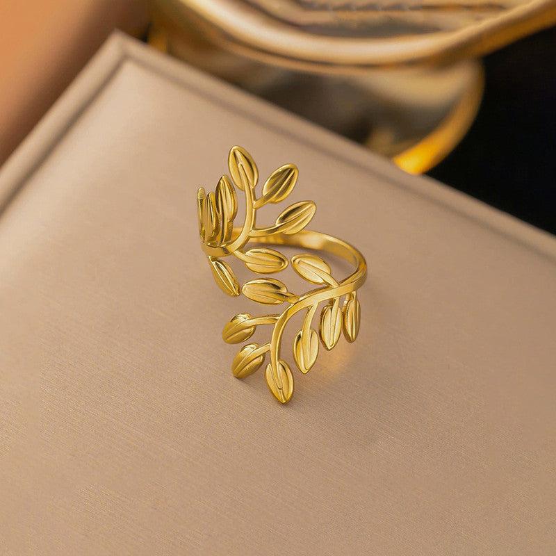 Gold Plated Anti Tarnish Stainless Steel Leaf Themed Adjustable Finger Ring